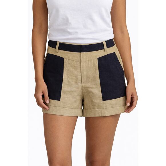 Nikibiki Pants - Nikibiki Linen Blend Colorblock Shorts Tan Navy Women’s Size L